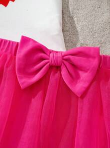 BABY SHARK X SHEIN 女婴卡通鲨鱼印花可爱休闲短袖T恤搭配粉色薄纱蝴蝶裙 - 粉色 - 查看 5