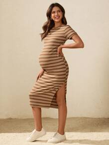 Boho Mama Maternity Striped Round Neck Short Sleeve Side Slit Hem Fitted Dress - Brown - View 3