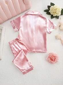 2 件套女婴春夏纯色淡紫色米色短袖上衣和裤子休闲舒适睡衣套装 - 淺粉色 - 查看 2