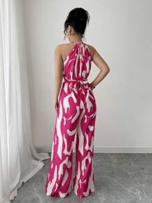 SHEIN Tall 女士印花腰带优雅休闲度假吊带连体裤 - 玫紅色 - 查看 2