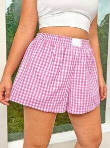 Comfortcana Valentine's Day Plus Size Women Loose Plaid Pattern Elastic Waist Shorts - Pink - View 3