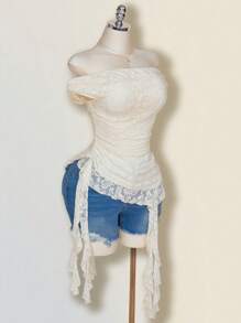 SHEIN ICON 大码女式休闲音乐节露肩网眼荷叶边不对称下摆上衣