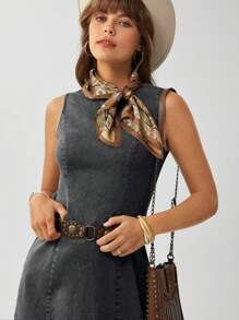 SHEIN LUNE Western Wear Women Women's Sleeveless Crew Neck Bodycon Distressed Denim Mini Dress - Black - View 2