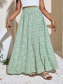 SHEIN 青春期女孩休闲度假碎花中长裙 - 薄荷綠 - 查看 5