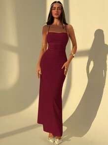 Aloruh Elegant Solid Color Sexy Backless Tie Design Sleeveless Formal Gown Beach Summer Dresses For Women - Burgundy - View 2