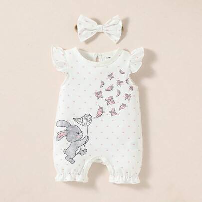 赤ちゃん かわいい うさぎ&蝶々 プリント ワンピース フリルトリム 新生児用