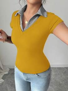 Chiquease Rafferiza 女士奶油黄休闲通勤优雅商务休闲度假舒适成熟优雅性感V领条纹拼接二合一外出上衣黄色罗纹面料高弹修身短袖老钱风格灵气风格春夏T恤 - 黃色 - 查看 8