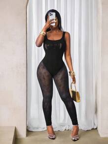 BamGleam Sexy Mesh Jumpsuit, Solid Color Round Neck Sheer Sleeveless - Black - View 1