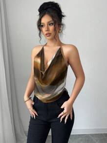 Elenzga Blusa de tirantes y escote en la espalda con estampado de teñido anudado de verano sexy para mujeres - Caqui - Ver 6