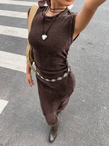 Muchica Brown Knitted Retro Distressed Acid-Washed Sleeveless Dress For Women