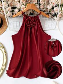 SHEIN LUNE Top cu bretele spaghete din satin 3D floral pentru femei, bluză elegantă cu volanată cu gât, pentru petrecere de vacanță, camisole și maiouri mari la modă de gamă largă, topuri pentru ieșiri, cu fundă pentru petrecere în club de vacanță, nuntă roșie, sexy, femei, femei de Paște, invitate la nuntă romantică