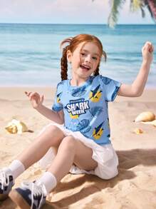 Shark Week X SHEIN Young Girl Summer Casual Shark Print Round Neck Short Sleeve T-Shirt - Multicolor - View 3