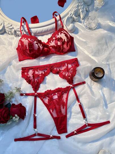 Esselle Bloemen Geborduurde Mesh Verleidelijke Lingerie Set Going Out view 3