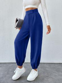 SHEIN PETITE Cone Shaped Women Suit Pants With Detailed Waist - Royal Blue - View 1