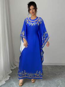 Elenzga Round Neck Ruched Waist Elegant Floral Print Long Dress For Women - Blue - View 7