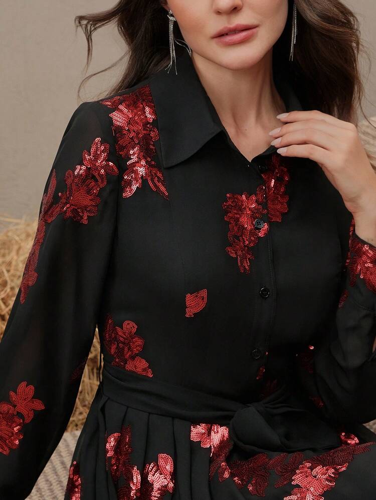 Spring New Arrival Rose Bead Embroidery Colorblock Long Sleeve Polo Collar Partial Button Down Long Dress With Belt