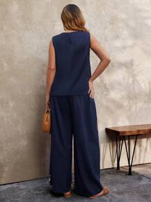 SHEIN Clasi Plus Size Women 2pcs Set, Solid Color Round Neck Sleeveless Top And Palm Tree Print Pants - Multicolor - View 2