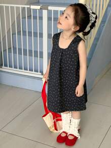 DAZY Young Girl' Casual Floral All-Over Print Loose Denim Dress, Round Neck,Girls Summer Outfits - Blue - View 3