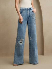 Anewsta 新款时尚闪亮钻石装饰做旧蓝色直筒牛仔裤，适合情人节和派对穿着 - 藍色 - 查看 8