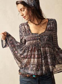 Bohemela Easter Musical Festival BOHO Woven Printed Flare Long Sleeve Loose Women Shirt - Black - View 6