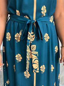 Elenzga Plus Size Women Floral Print Elegant Sleeveless Dress For Summer Vacation - Green - View 5