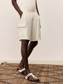 Ontre 2025 男士夏季休闲沙滩度假纯色短裤，适合日常、音乐节，百搭 - 卡其色 - 查看 4