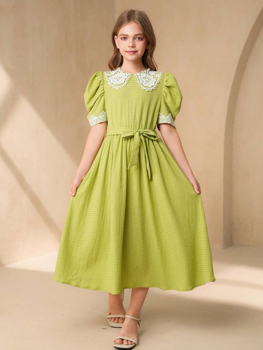 Tween Girl Casual Academy Style Lace Trim Colorblock Red Formal Party Occasion Dress - Green - View 1