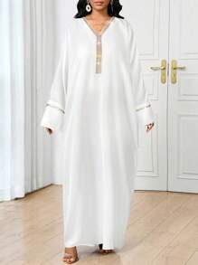 SHEIN Lady V-Neck Gold Hot Diamond Details Black Modest Dress - White - View 4