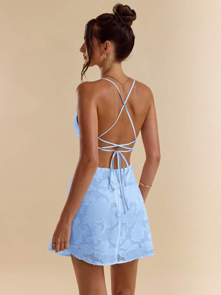 SHEIN BAE Tight Fit Pink Scoop Neck Open Back Tie Straps Textured A-Line Mini Dress, Spring/Summer, Party Dress,Valentine's Day,Valentine Outfits For Women - Baby Blue - View 1