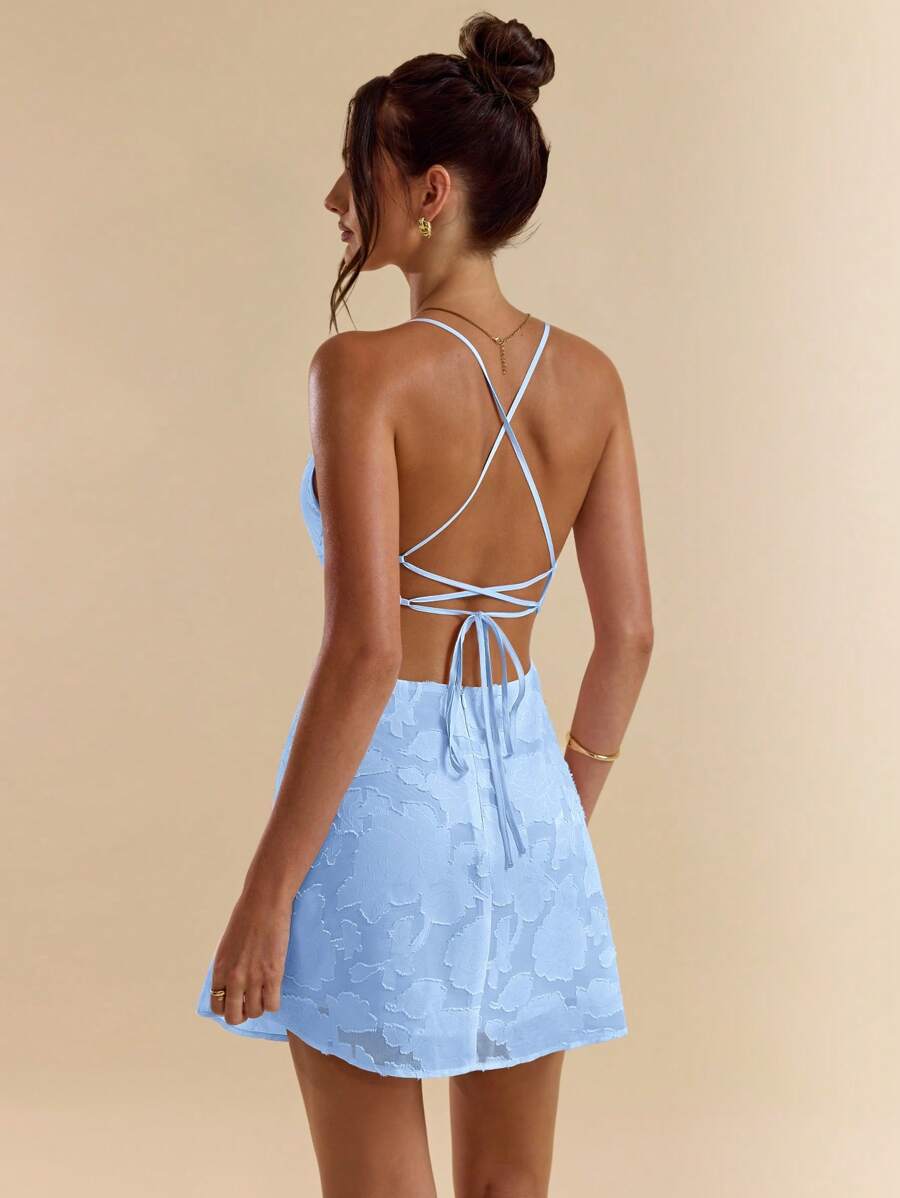 SHEIN BAE Vestido corto de línea A con escote de barco, espalda abierta y tirantes de lazo en textura, color rosa, para primavera/verano