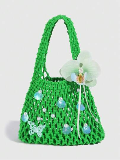 Fairycore 1 pezzo Borsa da spiaggia intrecciata con decorazioni a forma di scaglie di sirena e perle, con fiori di orchidea, colore verde, borsa estiva da donna per vacanze