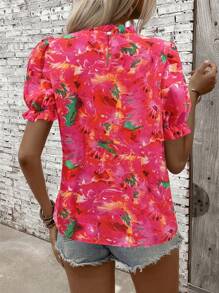 Flower Print Frill Trim Puff Sleeve Casual Shirt - Multicolor - View 2