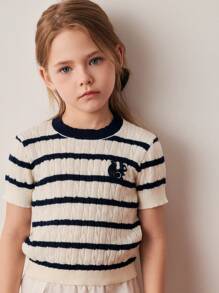 PrepCrw Girls' Spring/Summer Preppy Style Blue & White Striped Textured Fitted Round Neck Sweaters - Multicolor - View 5