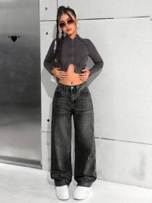 SHEIN 少女休闲基本款复古蓝色宽松直筒牛仔裤