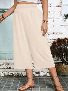 Plus Size Women's High Waist Loose Solid Color Wide Leg Capri Pants, Casual Office Wear - Beige - View 4