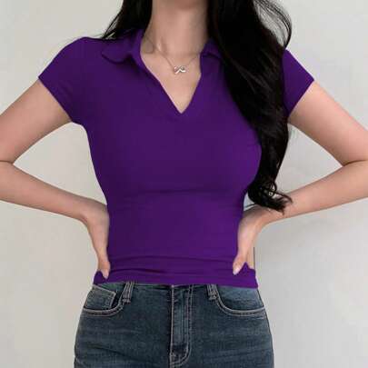 여성용 캐주얼 솔리드 컬러 타이트핏 폴로 넥 티셔츠, 여름, 비즈니스 캐주얼 여성
