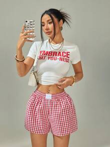 SHEIN PETITE Women High Waist Plaid Shorts, Fashionable For Summer,Flowy Shorts