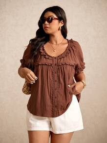 Elaquor 大码简约纯色短袖衬衫，夏季时尚 - 咖啡棕 - 查看 5