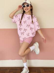SHEIN Leap Crew 2 件套青少年女孩休闲简约短袖 T 恤和短裤套装，适合夏季 - 彩色 - 查看 4