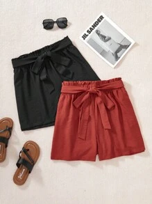 Calvaya 2 Stücke Damen Shorts in Übegrößen mit hoher Taille und Papiertütenraffung, Lässig Urlaubsshorts