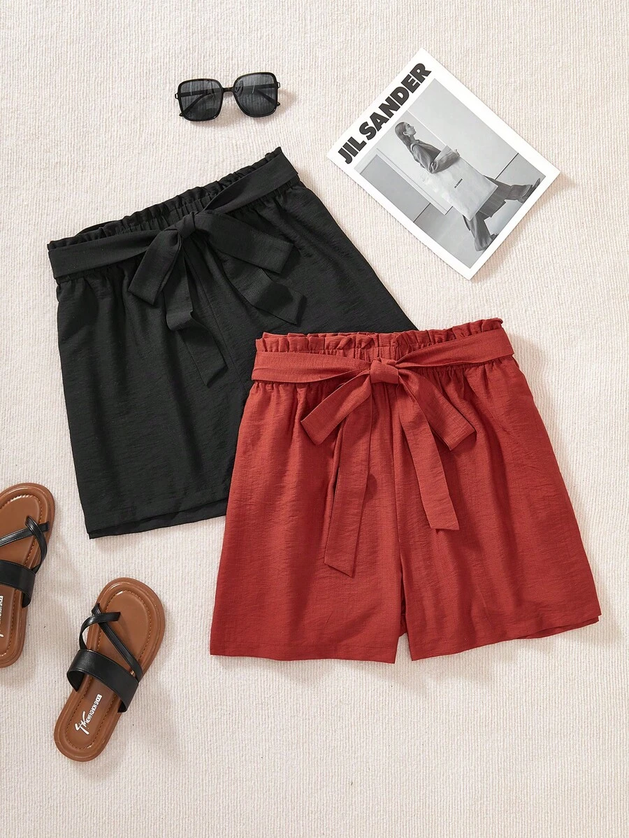 Calvaya 2 Stücke Damen Shorts in Übegrößen mit hoher Taille und Papiertütenraffung, Lässig Urlaubsshorts