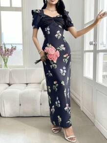 Modelyn 1pc Women's Elegant Front Ruffle Splice Floral Print Split Hem Dress - Black - View 5