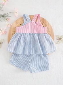 Cozy Pixies 女婴两件套，花卉印花撞色吊带背心和松紧腰短裤 - 彩色 - 查看 2