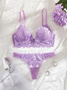 2件套法式经典黑色V型文胸内衣套装 - 紫丁香色 - 查看 3
