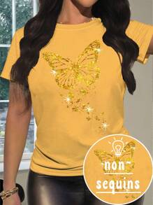 INAWLY Áo thun cổ tròn tay ngắn in hình bướm phong cách mùa hè thời trang - Màu vàng - Xem 1