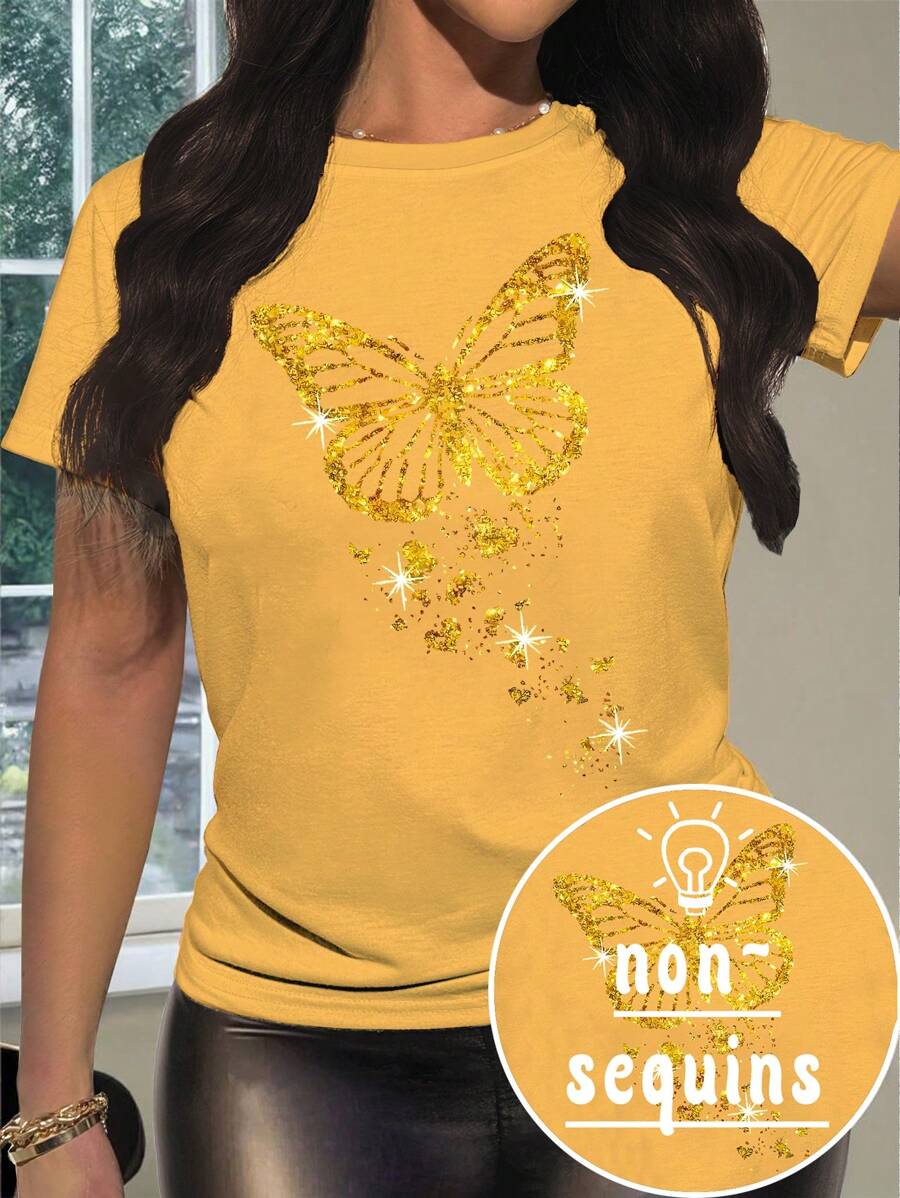 INAWLY Áo thun cổ tròn tay ngắn in hình bướm phong cách mùa hè thời trang - Màu vàng - Xem 1
