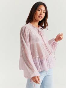 WESTFADE Sheer Dot Mesh Tie Neck Ruffle Peplum Long Sleeve Top - Pink - View 3