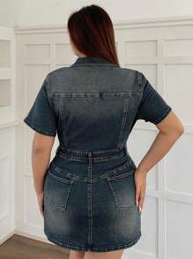 Dazy Plus Washed Retro Wrap Denim Girl's Short Sleeve Mini Dress, Summer - Medium Wash - View 2