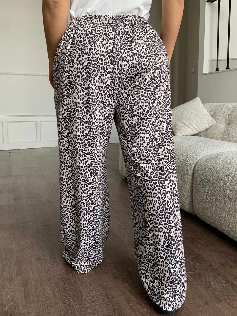 Dazy Plus Elastic Waist Loose Straight Leg Leopard Print Casual Pants, Spring/Summer