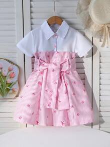 SHEIN Elladie kids 女孩夏季新款时尚优雅连衣裙，衬衫拼接设计配腰带，优雅 OL 通勤风格连衣裙 - 粉色 - 查看 3